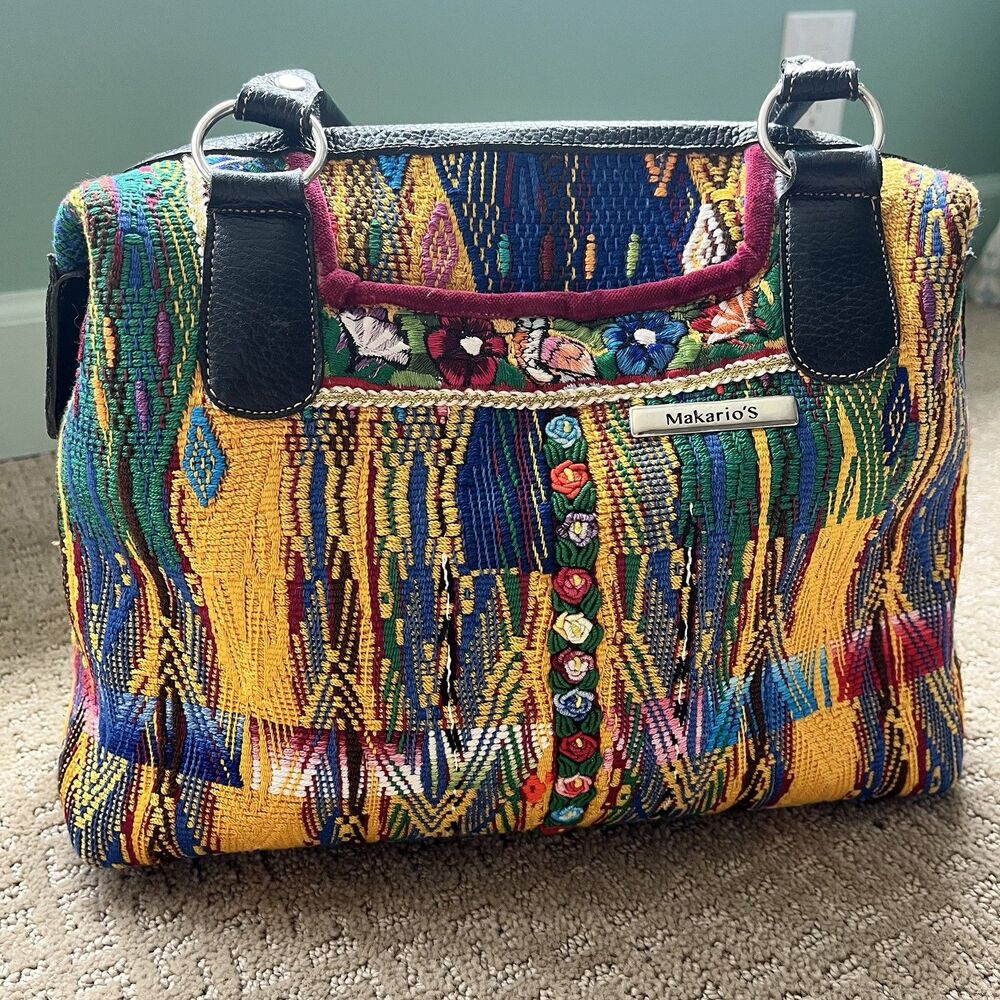 Makario’s Huipil OOAK Handbag Woven Tapestry Multicolor Leather Trim Yellow Bag